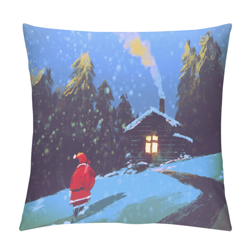 Personality  Winter Landscape With Santa Claus And Wooden House At Christmas Night Pillow Covers