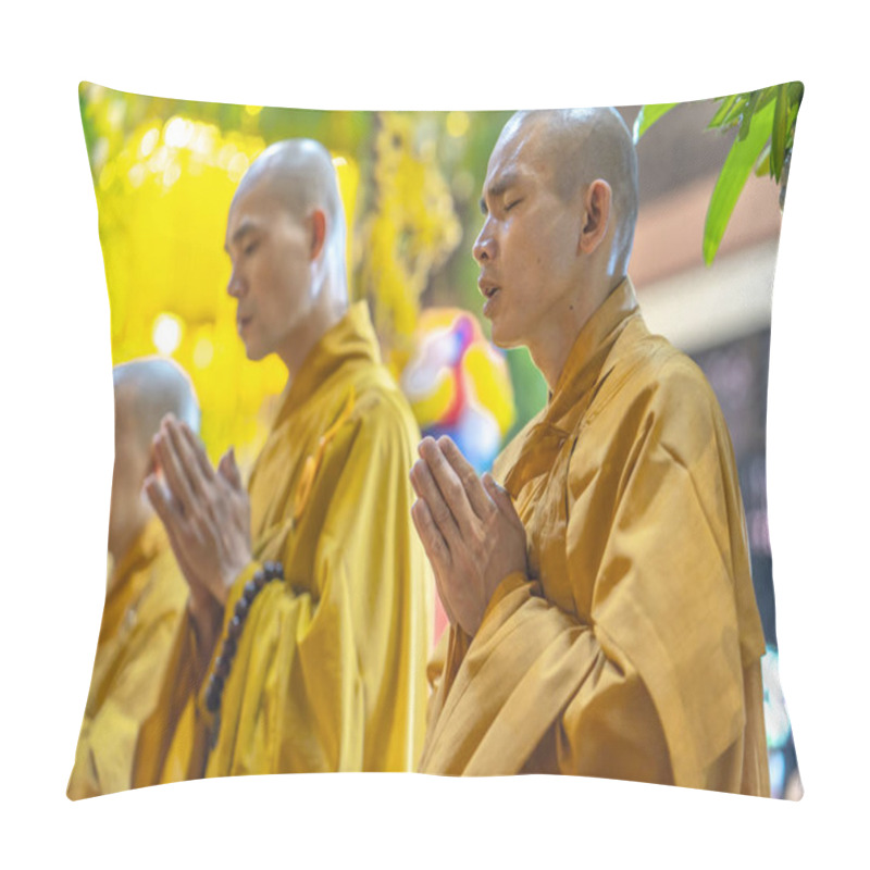 Personality  Ho Chi Minh City, Vietnam - May 29, 2018: Buddhist Monk Praying Buddha In Buddha's Birthday Celebrations Being Held In Temple Morning As A Ritual Of Traditional Culture In Ho Chi Minh City, Vietnam Pillow Covers