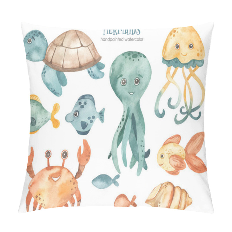 Personality  Watercolor Clipart With Underwater Creatures, Sea Animals, Sea Turtle, Octopus, Fish, Crab, Jellyfish, Shell Pillow Covers