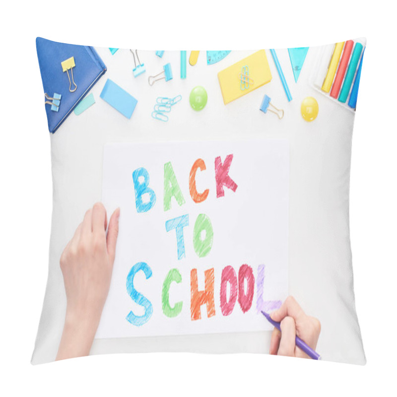 Personality  Cropped Image Of Schoolgirl Writing On Card With Back To School Text Isolated On White Pillow Covers