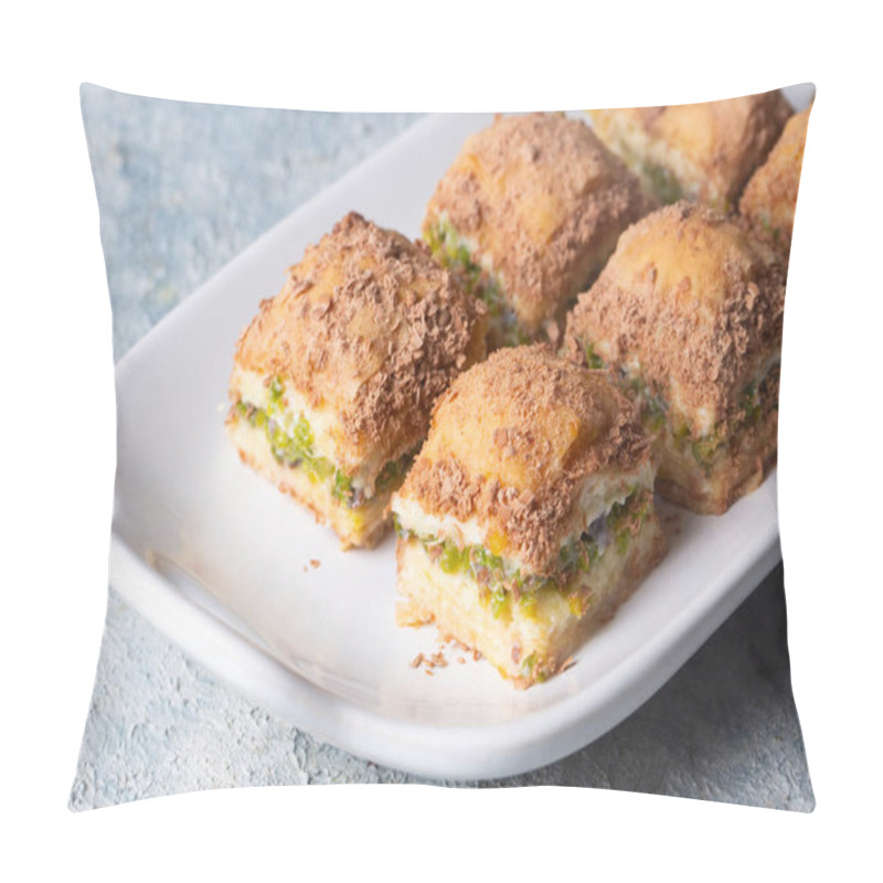 Personality  Traditional Turkish New Dessert Cold Milky Baklava With Pistachio (Turkish Name; Soguk Baklava) Pillow Covers