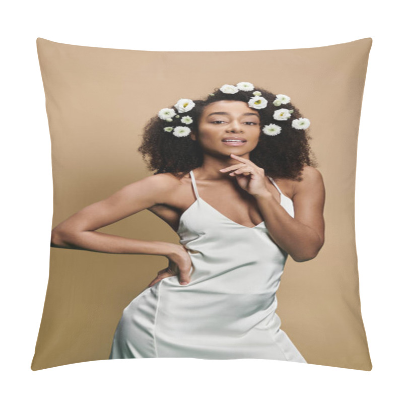 Personality  A Beautiful African American Woman With Natural Makeup And Flowers In Her Hair Poses Against A Beige Backdrop. Pillow Covers