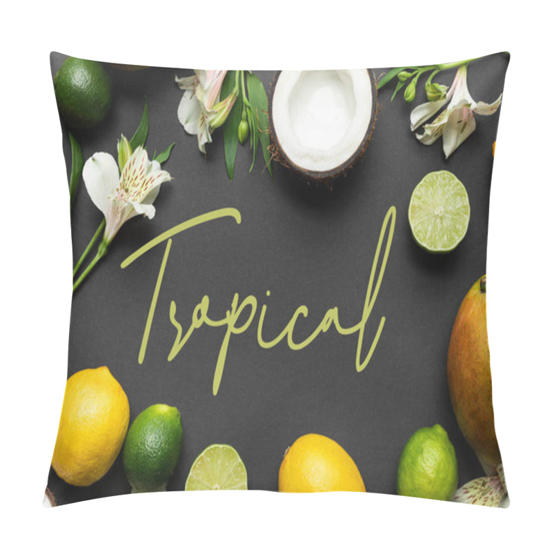 Personality  Top View Of Ripe Tropical Fruits With Alstroemeria Flowers On Black Background With Tropical Illustration Pillow Covers