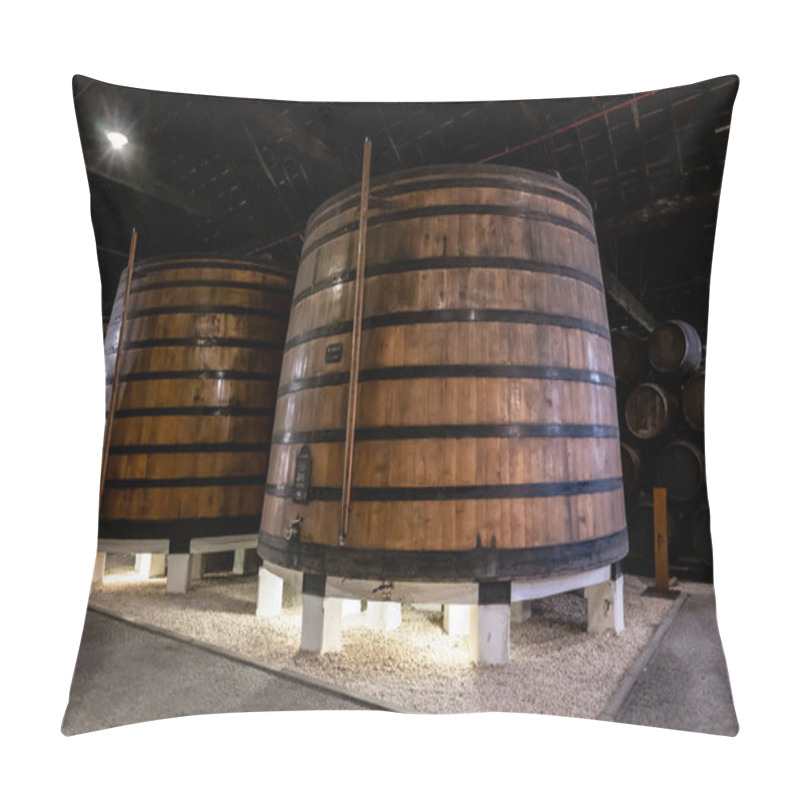 Personality  Old Porto Lodge With Rows Of Oak Wooden Casks For Slow Aging Of Fortified Ruby Or Tawny Porto Wine In Vila Nova De Gaia, North Of Portugal Pillow Covers