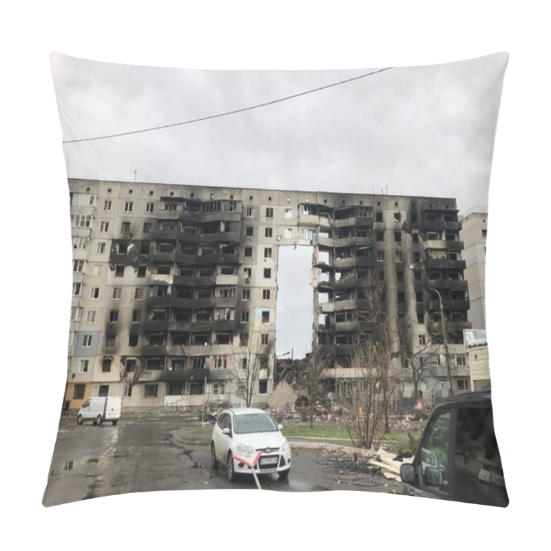 Personality  Borodyanka, Kyiv Region, Ukraine. April 08, 2022: Destroyed Building After Russian Occupation  Pillow Covers