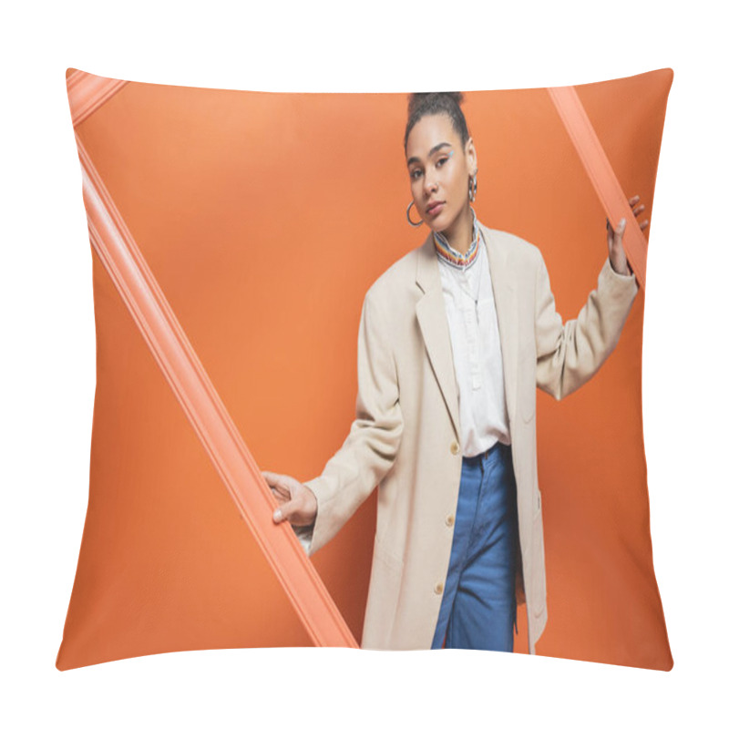 Personality  Elegant Classy Fashion Model In Fashionable Outfit And Vivid Makeup Holding Orange Framework Pillow Covers