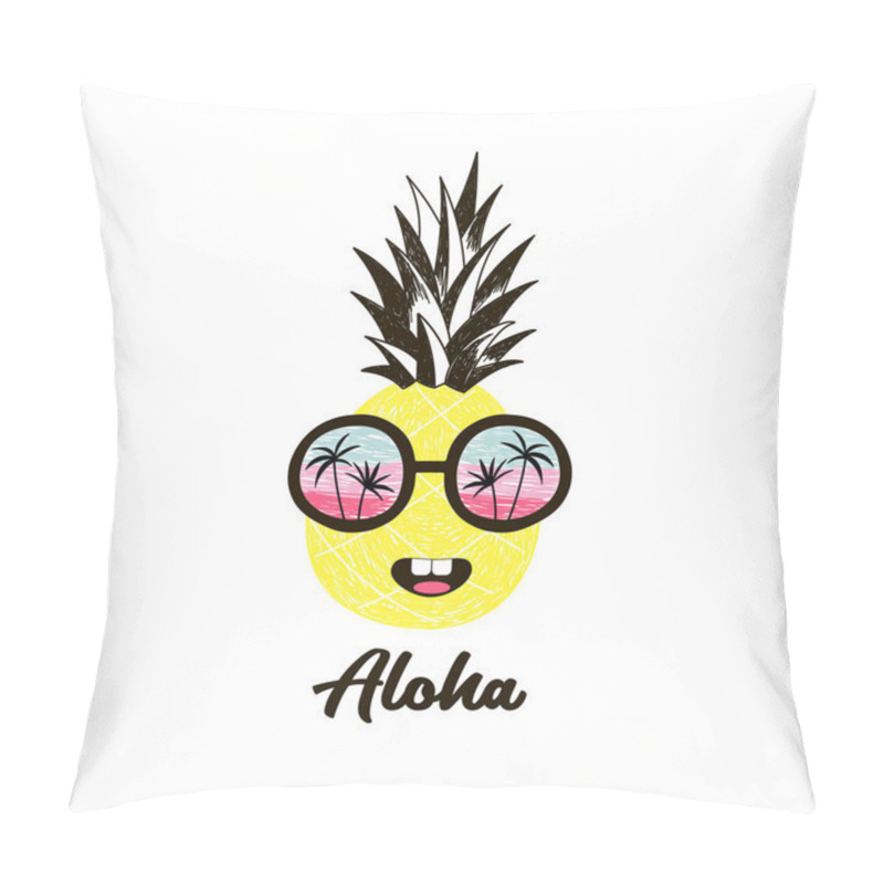 Personality  Happy Pineapple Fruit Character In Sunglasses With Seaside Horizon Reflexion, Pencil Drawing Style Illustration For Kid Poster And Summer T-shirt Design, Isolated On White Pillow Covers