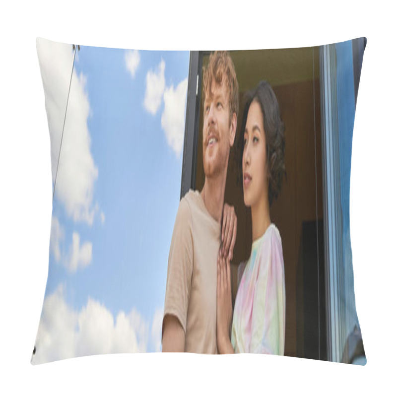 Personality  Dreamy Interracial Couple Standing At Front Door Of Modern Glass House And Looking Away, Banner Pillow Covers