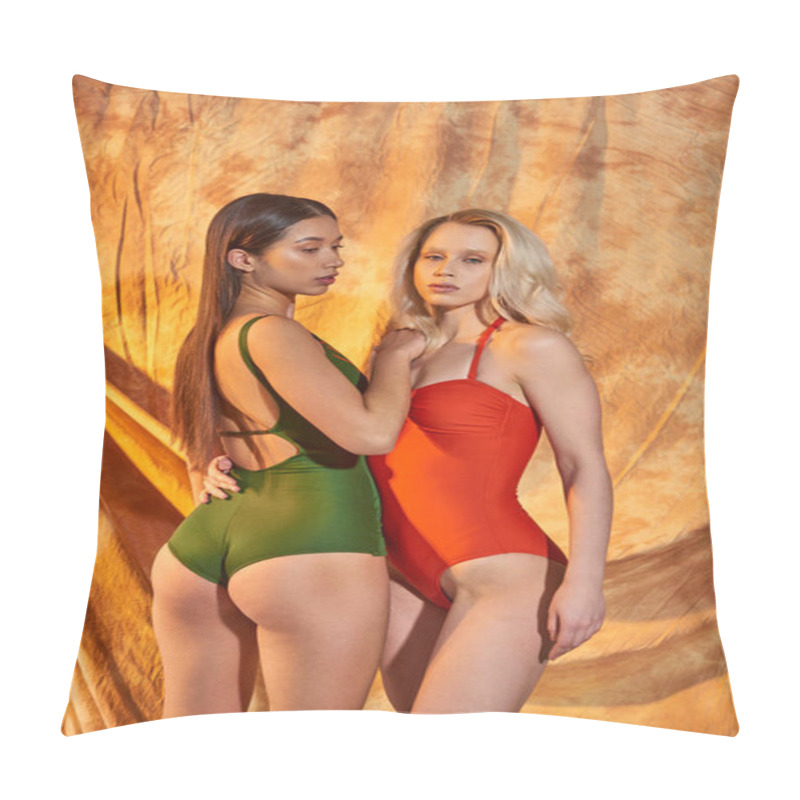 Personality  Sexy Body, Slim Interracial Women In Swimwear Hugging And Posing On Beige Background With Drapery Pillow Covers