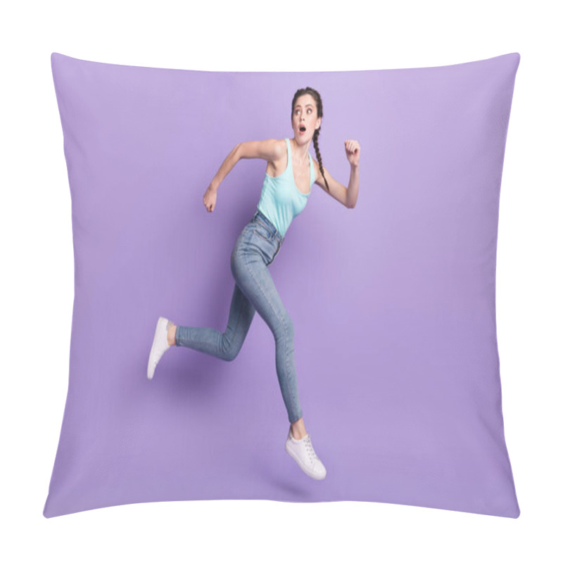 Personality  Full Body Profile Photo Of Stressed Brown Hair Lady Run Wear Top Jeans Isolated On Purple Color Background Pillow Covers