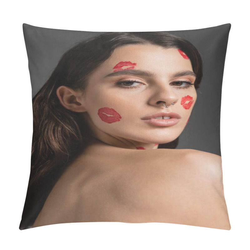 Personality  Portrait Of Brunette Woman With Bare Shoulder And Red Kiss Prints Looking At Camera Isolated On Grey Pillow Covers