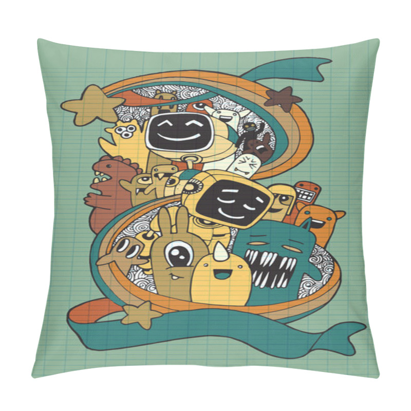 Personality  Hand Drawn Aliens , Monsters And Robot Cartoon Doodle Pillow Covers