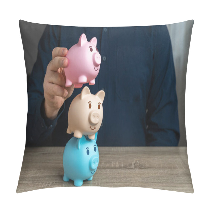 Personality  A Businessman Builds A Tower From Piggy Banks. Multiple Deposits. Savings And Deposit Banking. Healthy Economy. Diversification Of Investments And Savings. Banking. Good Conditions From The Bank. Pillow Covers