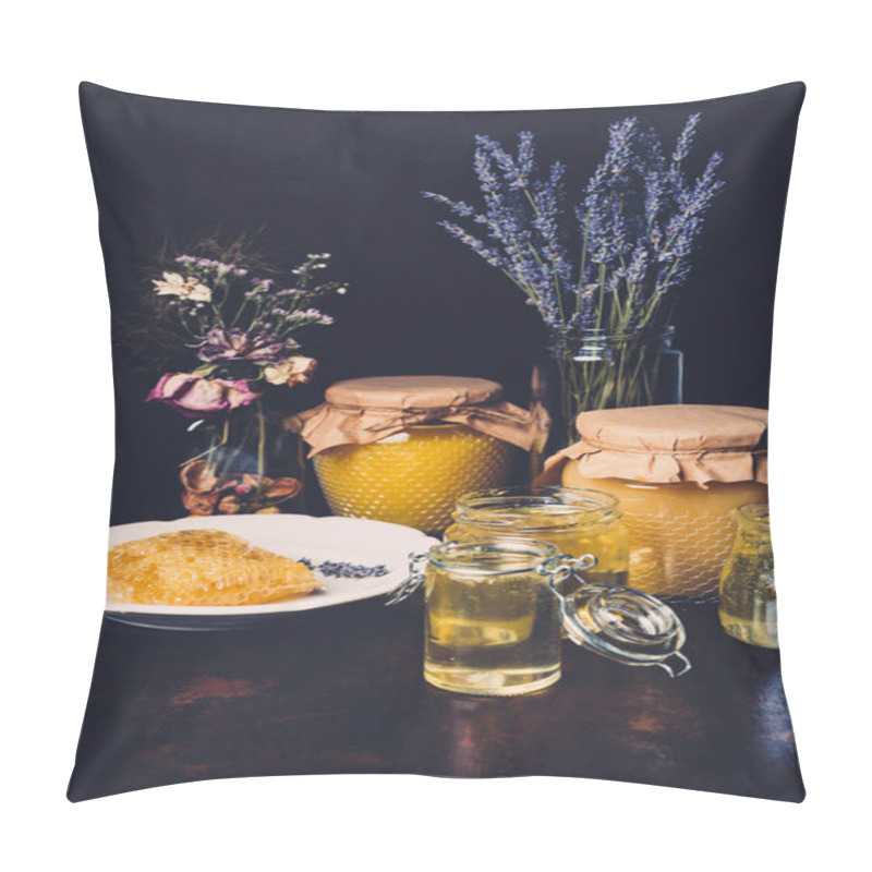 Personality  Selective Focus Of Jars With Honey, Dried Flowers, Lavender And Honeycomb On Black Background  Pillow Covers