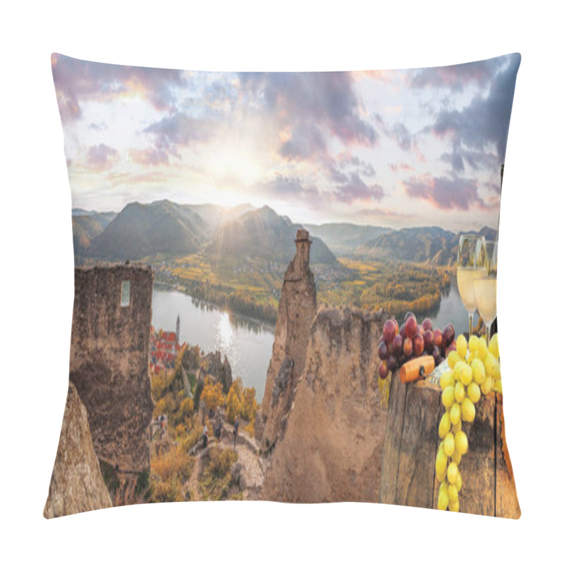 Personality  Bottle Of Wine On Barrel With Durnstein Castle In Wachau, Austria Pillow Covers