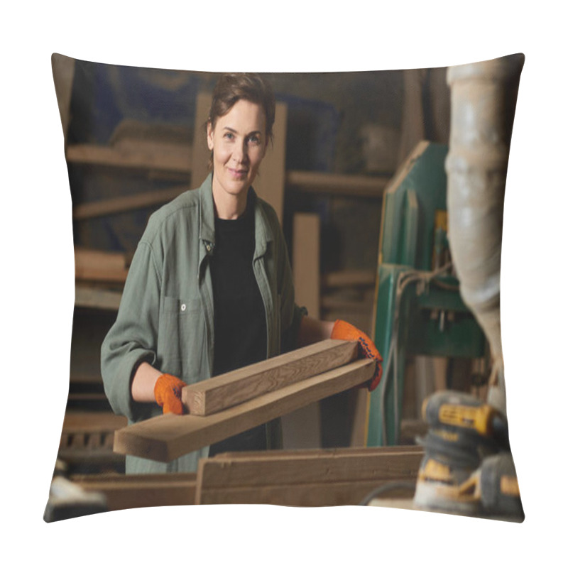 Personality  A Talented Woman Expertly Shapes Wood While Wearing Gloves, Showcasing Her Craftsmanship In A Busy Workshop. Pillow Covers