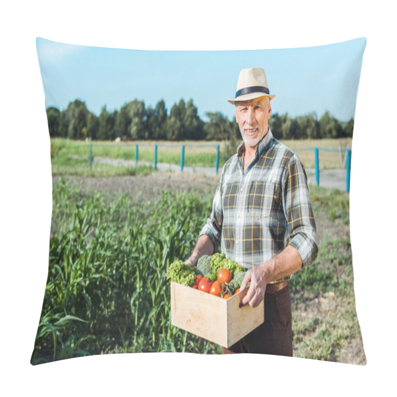 Personality  Happy Farmer Holding Box With Vegetables Near Corn Field Pillow Covers