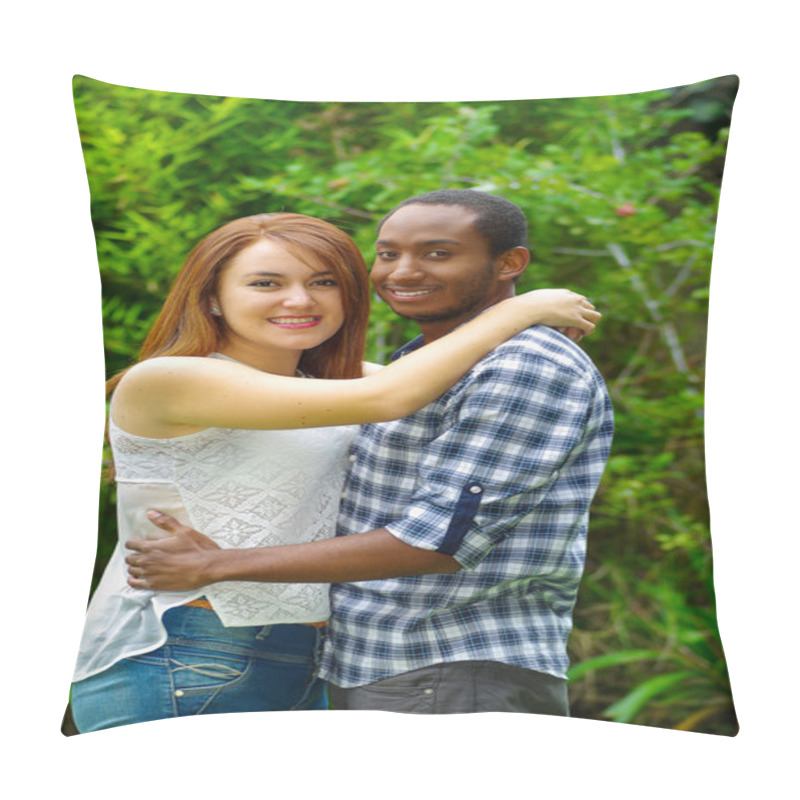 Personality  Interracial Charming Couple Wearing Casual Clothes Embracing And Posing For Camera In Outdoors Environment Pillow Covers