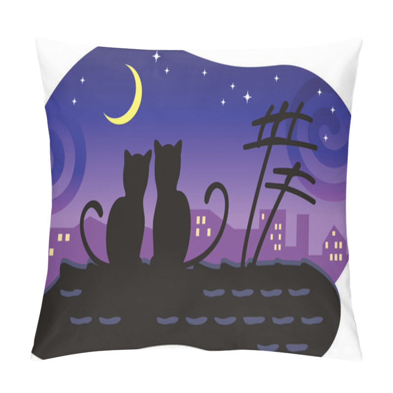 Personality  Lovers Cats Sitting On The Roof Of The House And Look At The Moon. Pillow Covers