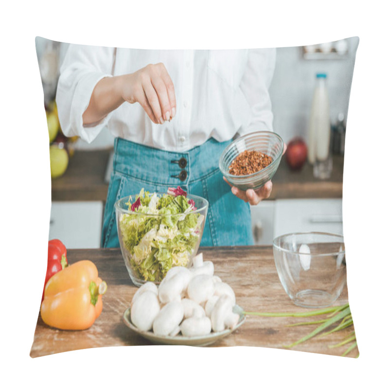 Personality  Cropped Shot Of Woman Spilling Spice Onto Lettuce In Bowl At Kitchen Pillow Covers