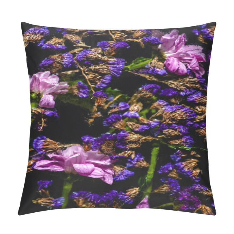 Personality  Top View Of Beautiful Pink And Blue Flowers On Black Pillow Covers