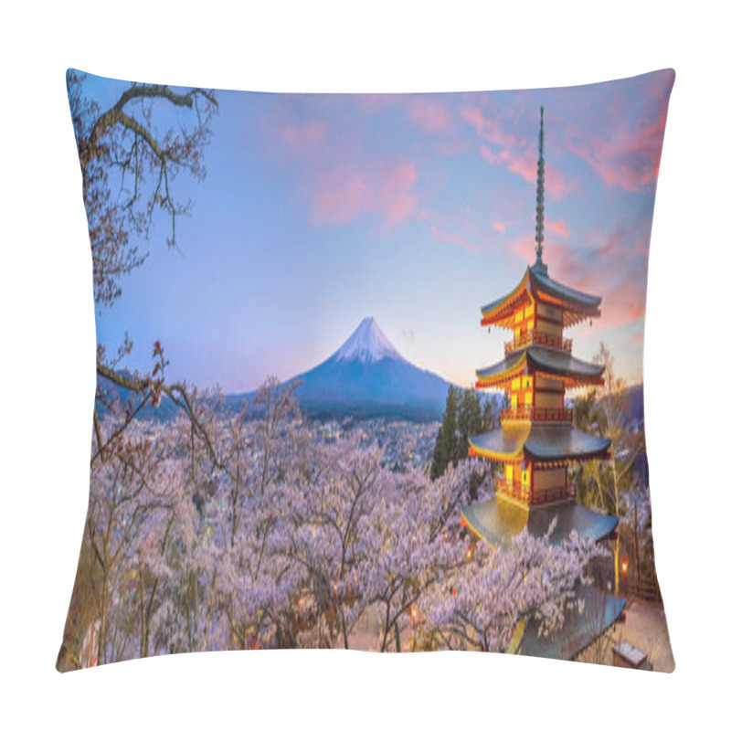 Personality  Mountain Fuji And Chureito Red Pagoda With Cherry Blossom Sakura At Sunset Pillow Covers