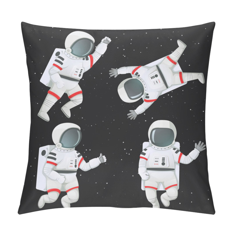 Personality  Set Of Astronauts Floating In Space In Different Poses. Waving, Giving Thumbs Up, Rasing Fist And Flying With Limbs Akimbo. Pillow Covers