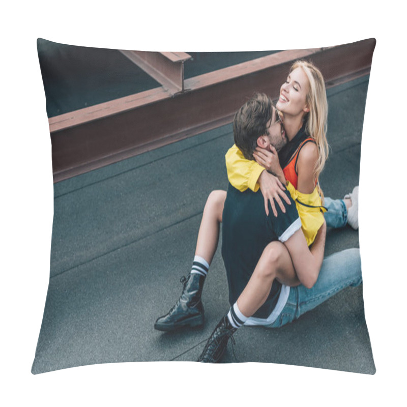 Personality  Attractive Woman Sitting On Handsome Man And Hugging With Him  Pillow Covers