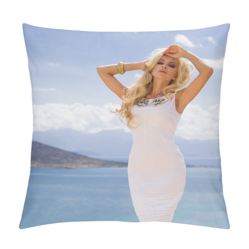 Personality  Beautiful Sexy Young Woman From Blonde Curly Long Hair Is Standing In The Short White Challenging Sexy Expensive Dress At The Salty Blue Sea With Ocean In Solar Clear Greece In Santorinii In The Distance Mountains Pillow Covers