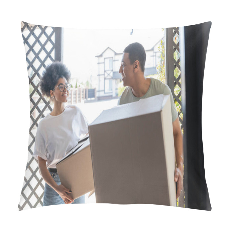 Personality  Positive African American Couple Holding Carton Boxes Near Door Of New House During Moving Pillow Covers