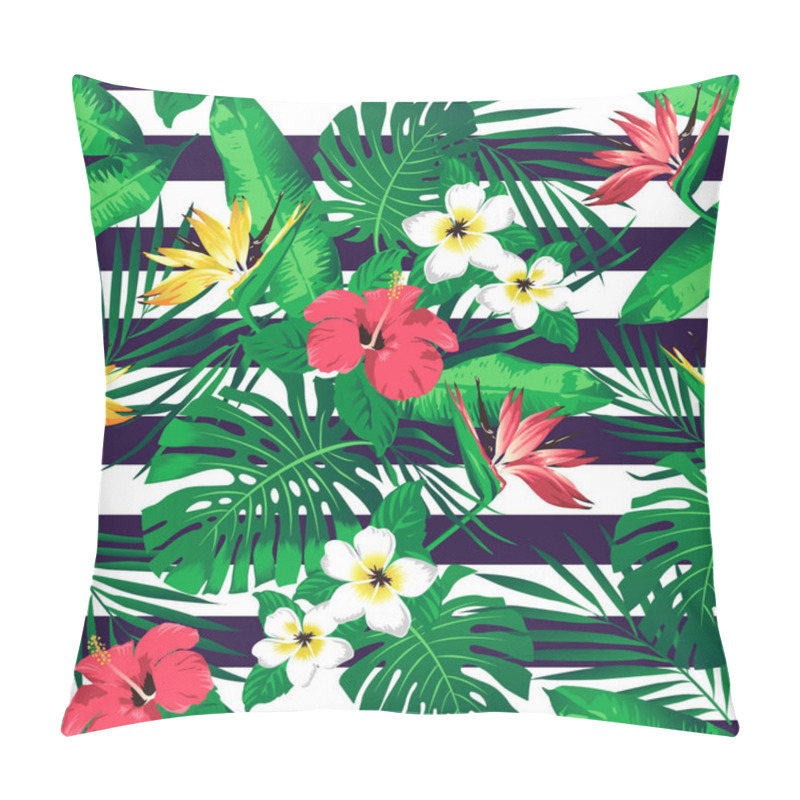 Personality  Tropical Flowers And Leaves On Striped Background. Seamless. Vector.  Pillow Covers