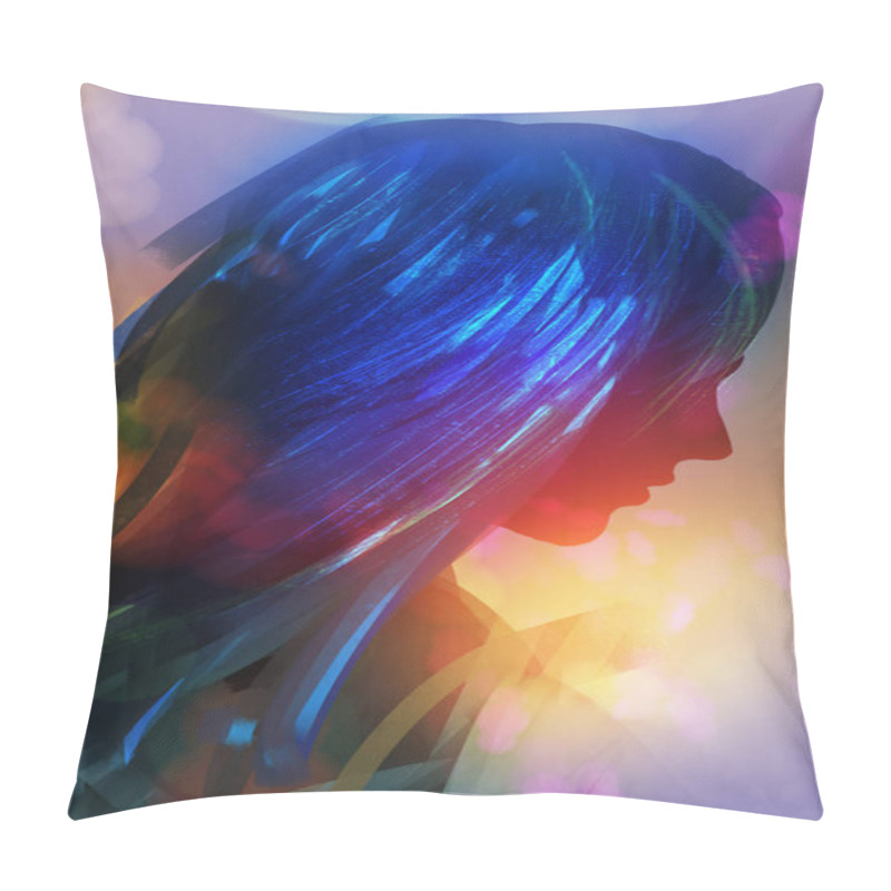 Personality  Digital Illustration Art Painting Style Blue Long Hair Beauty Woman And Many Bokeh And Flare In Background. Pillow Covers