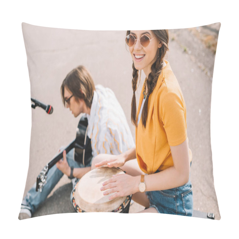 Personality  Couple Of Young Street Musicians Smiling And Performing In Urban Environment Pillow Covers