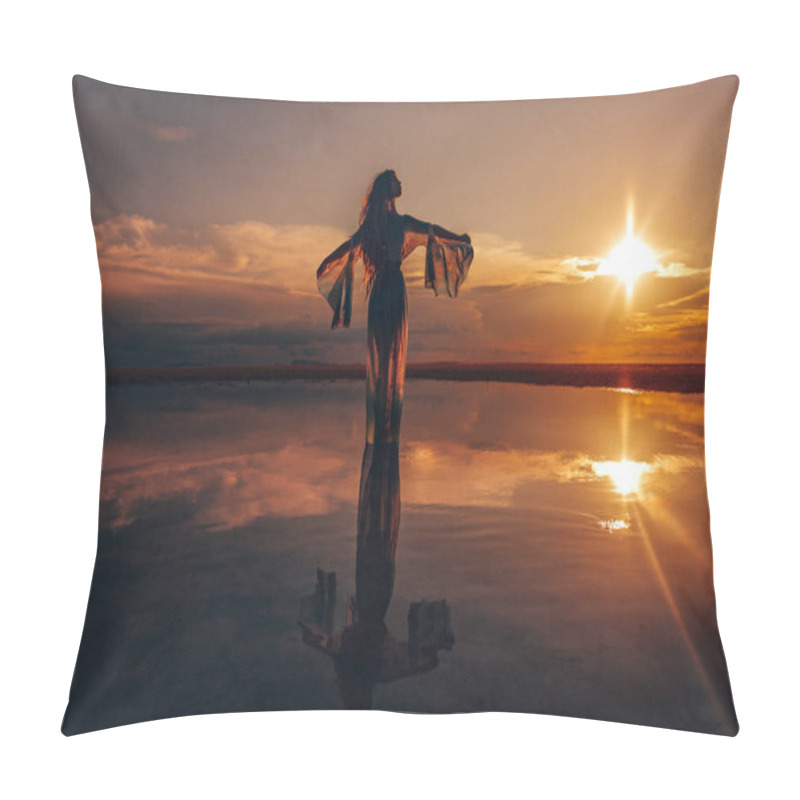 Personality  Elegant Woman Dancing On Water. Sunset And Silhouette Pillow Covers