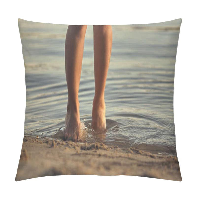 Personality  Female Feet Barefoot On A Sandy Beach In The Water. Close-up Of Beautiful Female Legs. Wet Foot. Pillow Covers