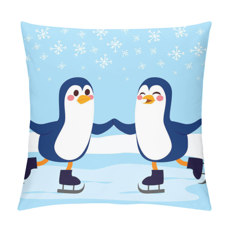 Personality  Two Cute Penguins Skating Together On Frozen Winter Day Pillow Covers