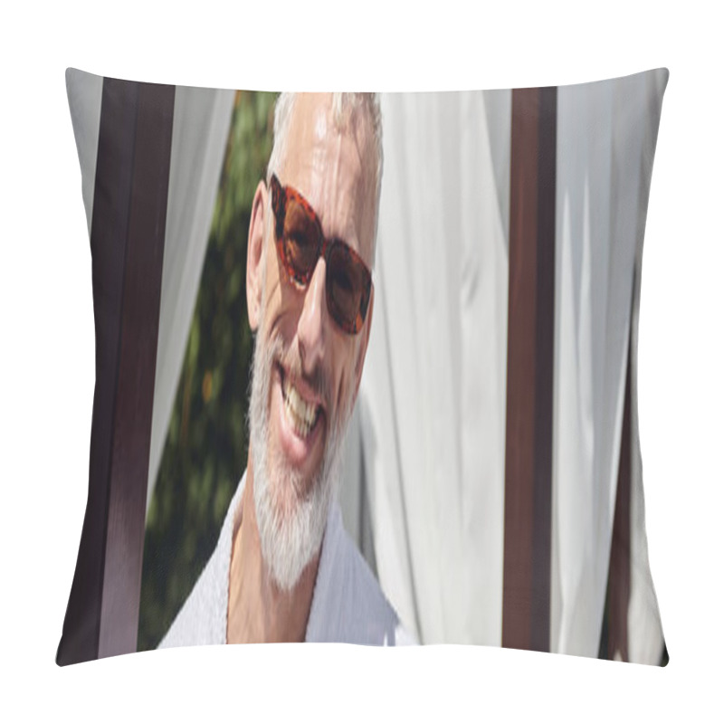 Personality  Cheerful Mature Man In Sunglasses And Robe Looking At Camera During Retreat In Resort, Banner Pillow Covers