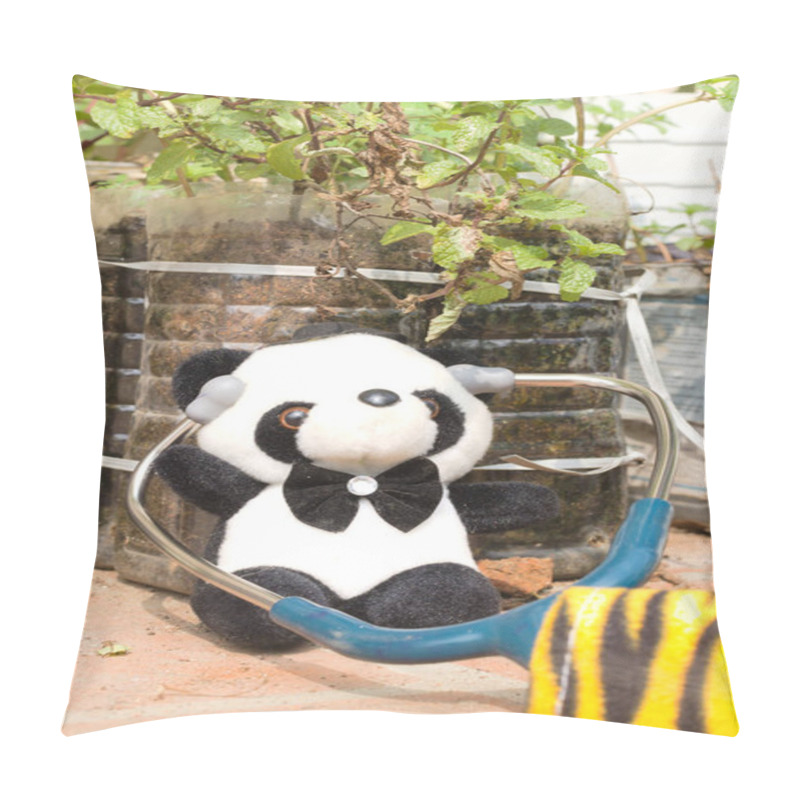 Personality  Adorable Plush Panda Toy With A Bow Tie And Stethoscope, Placed Outdoors Near Potted Mint Plants In Recycled Containers, Showcasing Sustainability And A Playful Health Theme. Pillow Covers