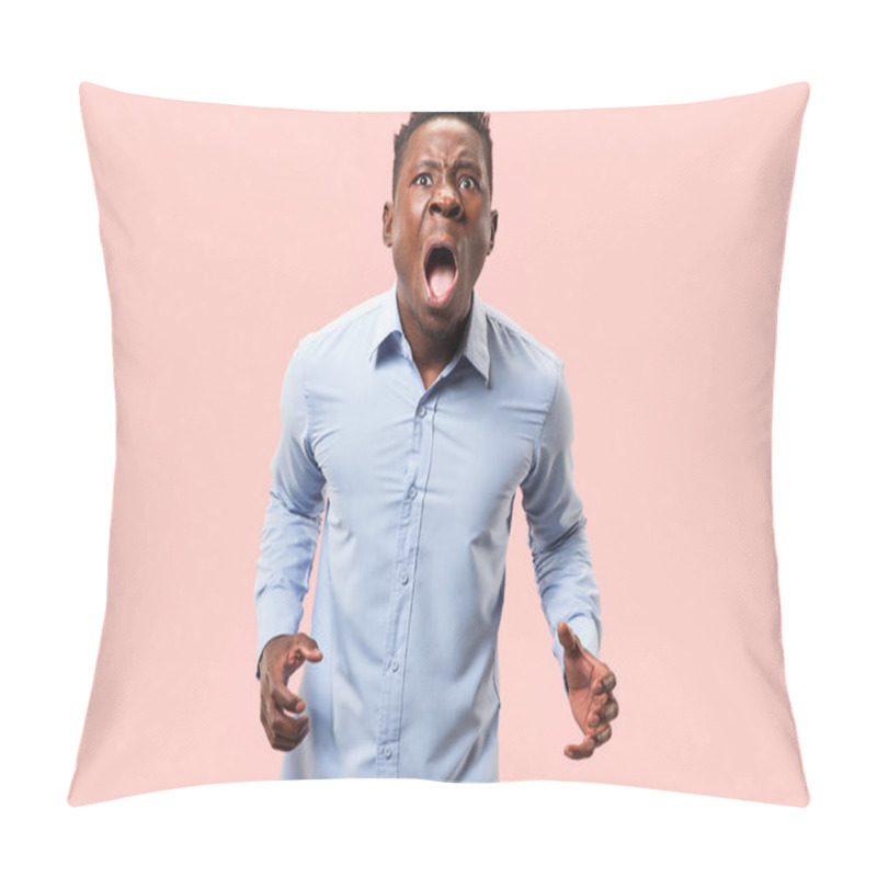 Personality  The Young Emotional Angry Man Screaming On Pink Studio Background Pillow Covers