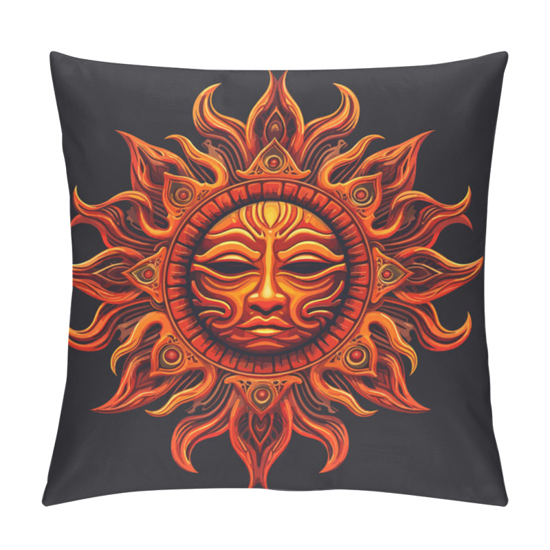 Personality  Abstract Stylized Mayan Ancient Sun Symbol On A Dark Background. Realistic Sun Icon Design On Dark Background. Vector Illustration Pillow Covers