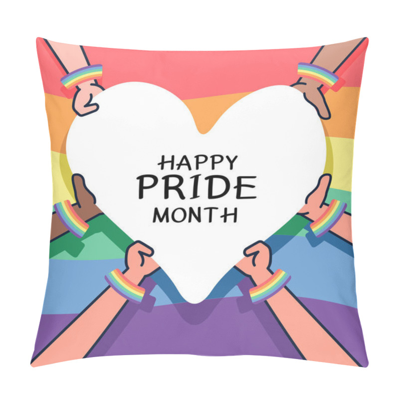 Personality  Multiracial And Gender Equal Hands Holding A Heart-shaped Banner With A Flag Of Gender On Blue Sky Background. Template LGBTQ Event Banner Design. Pillow Covers