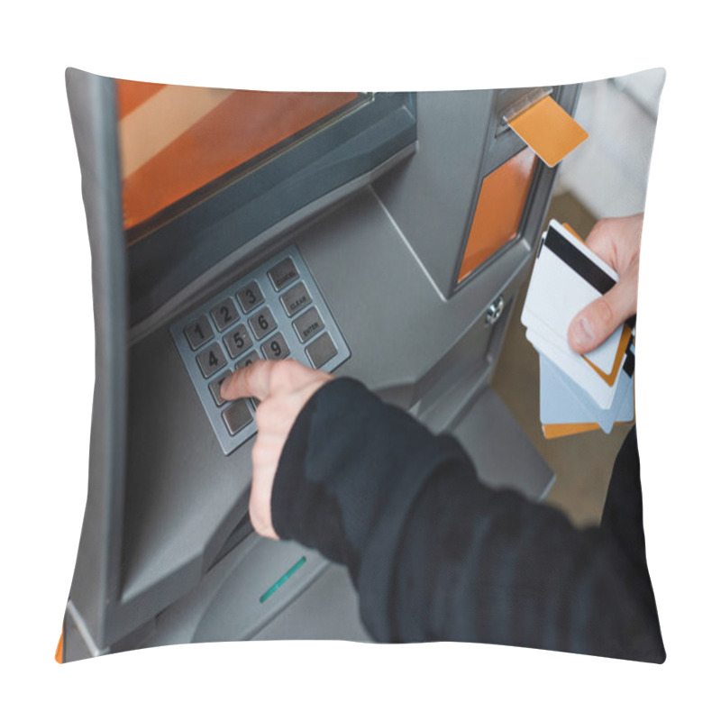 Personality  Cropped View Of Thief Using Atm While Holding Credit Cards  Pillow Covers