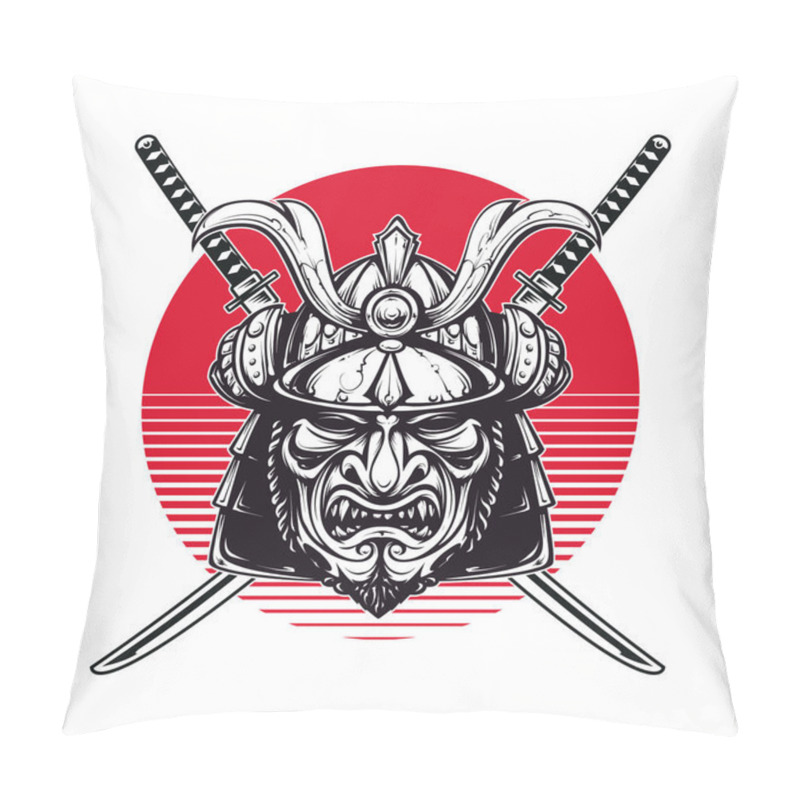 Personality  Samurai Mask And Crossed Katana Swords. Red Sun Behind. T-shirt Print Design. Vector Graphic. Pillow Covers