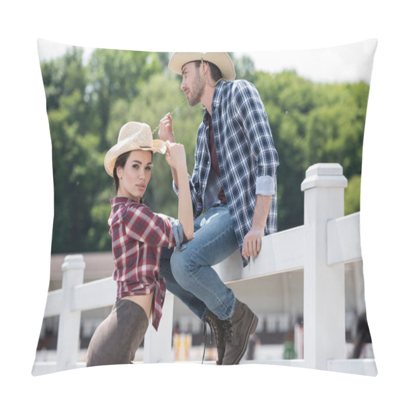 Personality  Cowboy Style Couple Posing On Ranch Pillow Covers