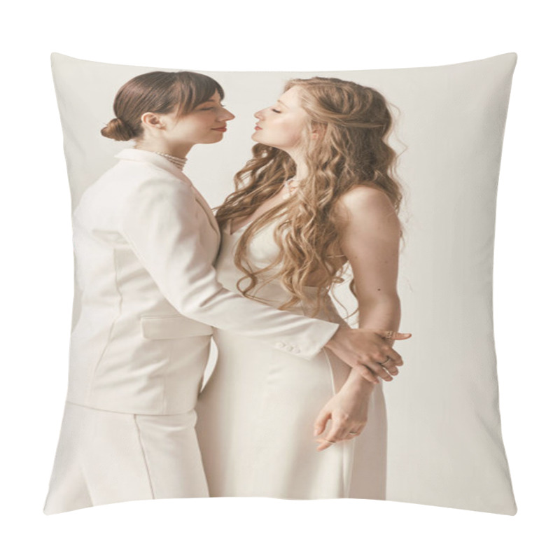 Personality  A Lesbian Couple In Elegant White Attire Share A Tender Moment During Their Wedding Ceremony. Pillow Covers