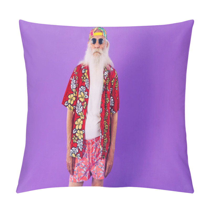 Personality  Senior Man With Eccentric Look  - 60 Years Old Man Having Fun, Portrait On Colored Background, Concepts About Youthful Senior People And Lifestyle Pillow Covers