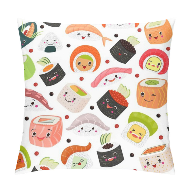 Personality  Sushi Cartoon Japanese Food, Vector Illustration. Cute Salmon Sashimi With Rice, Seafood At White Background. Cuisine With Seaweed Pillow Covers