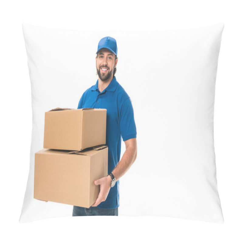 Personality  Handsome Happy Young Delivery Man Holding Cardboard Boxes And Smiling At Camera Isolated On White  Pillow Covers