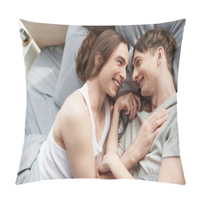 Personality  Top View Of Cheerful And Tattooed Homosexual Couple In Sleepwear Talking With Each Other While Lying Together On Bed In Modern Bedroom In Morning At Home  Pillow Covers