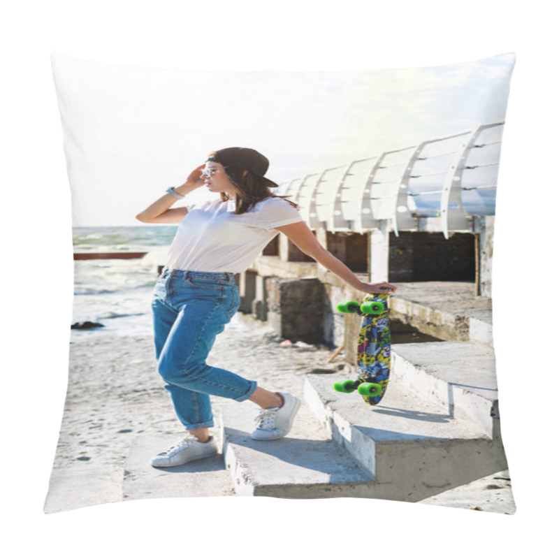 Personality  Beautiful Yound Woman With A Skateboard On A Beach Pillow Covers